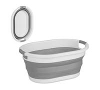 Relaxdays Panier à linge, 36 litres, en plastique, pliable, rangement peu encombrant, avec poignées, gris/blanc