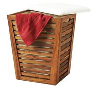 Relaxdays : Panier à linge avec assise, banc de salle de bain avec rangement, collecteur à linge de 50 litres, dimensions (L x l x h) : 56 x 40 x 40 cm, en bois d'acacia, tissu, couleur marron/blanc
