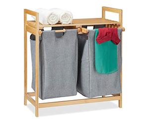 Relaxdays Panier à linge avec rangement, 2 compartiments, 2x 30 l sacs, bambou, amovibles, 73 x 64 x 33 cm, nature/gris
