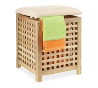 Relaxdays Panier à linge avec siège en bois de noyer, revêtement tissu, 45 L, 50×39×39 cm, nature