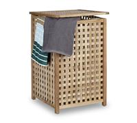 Relaxdays Panier à linge avec couvercle, bois, sac en tissu, capacité 75 L, H x L x P : 67,5 x 45,7 x 45,7 cm, nature