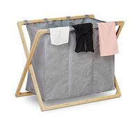 Relaxdays Panier à linge, collecteur à vêtements pliant avec 3 compartiments, 3x28 L, Trieur, 57,5x69x38 cm, gris/nature