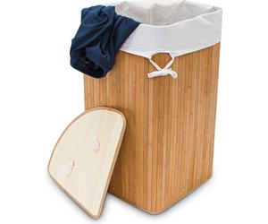 Relaxdays Panier à linge d'angle en bambou, bac à linge pliable 60 l, peu encombrant, sac à linge en coton, 65 x 49,5 x 37 cm, naturel