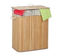 Relaxdays Panier à Linge en Bambou, 2 Compartiments, trieur vêtement, Couvercle, HLP 64x55x34,5 cm, Sac Amovible, Nature