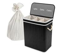 Relaxdays Panier à linge pliable 3 compartiments en bambou 105L, couvercle, noir 63x52x32 cm