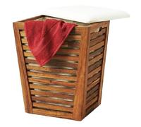 Relaxdays panier à linge siège, banc de bain avec rangement, marron/blanc | Panier à linge de 50 l, dimensions H x L x P : 56 x 40 x 40 cm, bois d'acacia, tissu