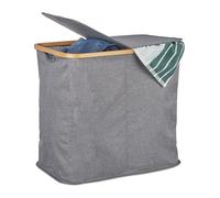 Relaxdays Panier à linge tissu bambou, Coffre à linge pliable, Corbeille à linge, 2 compartiments, 74 L, gris