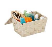 Relaxdays Panier de Rangement avec Couvercle, Aspect tressé, Organiseur, HxlxP 10,5 x 19,5 x 14,5 cm, Plastique, Beige