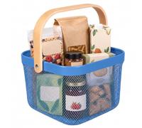 Relaxdays Panier de rangement, bleu foncé | avec anse, vêtements, déco, acier et bois, 17,5 x 26 x 24,5 cm