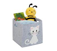 Relaxdays Panier de Rangement en Feutre, Motif Chat, Caisse Tissu pour Enfant, HxLxP : 33x34x32 cm, Coffre Jouets, Gris