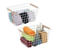 Relaxdays Panier de Rangement en métal, Lot de 2, poignées en Bois, 16 x 31 x 21 cm, rectangulaire, Blanc