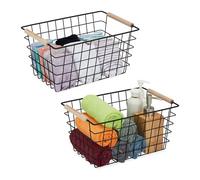 Relaxdays Panier de Rangement en métal, Lot de 2, poignées en Bois, 16 x 31 x 21 cm, rectangulaire, Noir