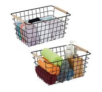 Relaxdays Panier de rangement en métal lot de 2 poignées en bois 16 x 31 x 21 cm rectangulaire noir