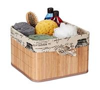 Relaxdays Panier de rangement, lot de 3, bambou et polyester, HLP: 20x31x31 cm, corbeille à poignée, boîte d’étagère, nature/crème