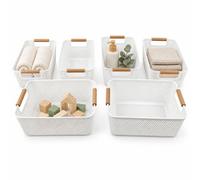 Relaxdays Panier de rangement, lot de 6, H x l x P : 16,2 x 19,5 x 32 cm | Grille avec poignée en bois, en PP et bois de hêtre, blanche
