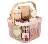 Relaxdays Panier de rangement, rose | avec anse, vêtements, déco, acier et bois, 17,5 x 26 x 24,5 cm