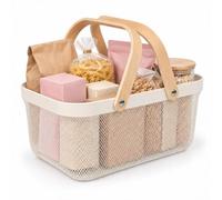 Relaxdays Panier en fil, crème | à anses, rectangulaire, rangement, métal et bois, cuisine, bain, salon