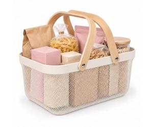 Relaxdays Panier en fil, crème | à anses, rectangulaire, rangement, métal et bois, cuisine, bain, salon
