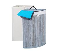 Relaxdays Panier lessive en angle, bambou, corbeille pliable avec couvercle, 60 l, 2 sacs de lessive, 66x49,5x37cm,gris