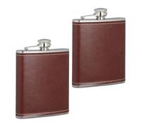 Relaxdays Petite flasque en acier inoxydable, lot de 2, 200 ml, similicuir, pour vos excursions, marron et argenté