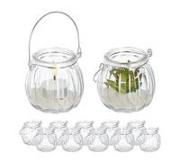Relaxdays Photophore en Verre, Lot de 12, Porte-Bougie avec Anse argentée, HxD : 7,5 x 8 cm, Rond, Transparent
