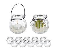 Relaxdays Photophore en Verre, Lot de 12, Porte-Bougie avec Anse, HxD : 7,5 x 8 cm, récipient Rond, Transparent
