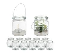 Relaxdays Photophore en verre, lot de 12, porte-bougie avec anse, HxD : 9,5x8 cm, bougeoir rond, transparent/argenté