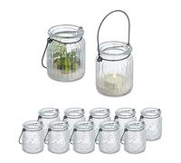 Relaxdays Photophores, Lot de 12, avec Anse, intérieur & extérieur, 9,5 x 8 cm, décoration Mariage, Transparent - Noir