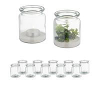 Relaxdays Photophores, lot de 12, en verre, extérieur & intérieur, H x D : 9,5 x 8 cm, porte-bougies ronds, transparent