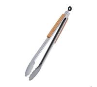 Relaxdays Pince de barbecue, long ustensile pour le grill, 38 cm, poignée en bois, acier inoxydable, argent/nature