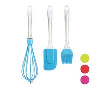 Relaxdays Pinceau à pâtisserie, jeu de 3 pièces avec Pinceau à cuisson, grattoir et fouet, accessoires pâtisserie, bleu