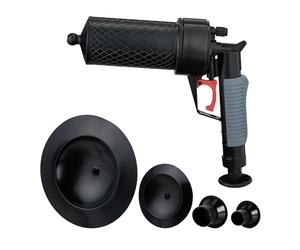 Relaxdays Pistolet déboucheur à air comprimé, 4 embouts, pour douche, toilette, évier, etc., débouche canalisation, noir