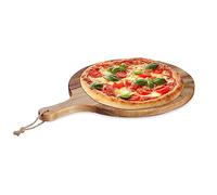 Relaxdays Planche à Pizza, Plateau Rond en Bois d’Acacia, diamètre de 35,5 cm, avec poignée, Nature