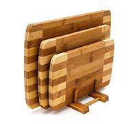 Relaxdays Planches à découper Set de 3 avec support en bois de Bambou naturel rayé design moderne et pratique, nature