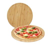 Relaxdays Planches à Pizza, Lot de 2, Bambou, diamètre de 32 cm, Plateaux de Service pour fromages, Ronds, Nature