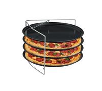 Relaxdays Plaque à pizza, 4 pièces, avec support, antiadhésif, acier au carbone, rond, anthracite/argent