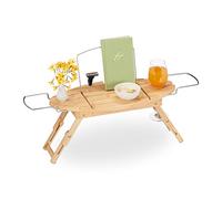 Relaxdays Plateau de Baignoire, Bambou et métal, Extensible (69-90 cm), Porte-Livre, Trou pour Le vin, Pieds, Nature