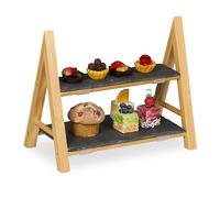 Relaxdays Plateau de Service 2 Niveaux, Plats en Ardoise, HLP 27x32x17 cm, présentoir Rustique Bambou, Naturel/Gris