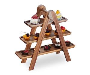 Relaxdays Plateau de Service à 3 Niveaux, Bois d’Acacia, Cadre Pliable, Design Rustique, HLP : 38x41x15 cm, Marron
