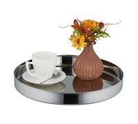 Relaxdays Plateau de Service Rond et Moderne, Bord surélevé, pour Petit-déjeuner au lit, Acier INOX, HD 4x35 cm, argenté