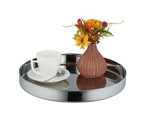 Relaxdays Plateau de Service Rond et Moderne, Bord surélevé, pour Petit-déjeuner au lit, Acier INOX, HD 4x35 cm, argenté