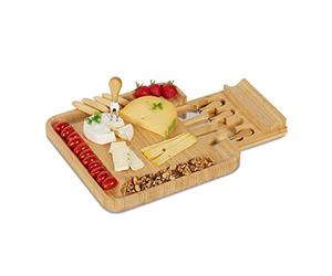 Relaxdays Plateau Fromage avec Lot de Couteaux, HxLxP: 4 x 33 x 33 cm, Planche Bambou avec tiroir, 4 Couverts, Nature
