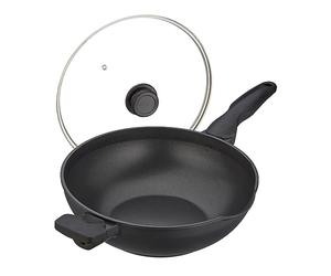 Relaxdays Poêle Wok avec Couvercle, D : 30 cm, Aluminium, Anti-adhésif, poignées, Four à gaz et électrique, Noire