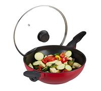 relaxdays Poêle wok couvercle en verre, 30 cm, wok antiadhésif, four à gaz, électrique, poignée, 4 litres, rouge/noir.