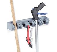 Relaxdays Porte-balai en fixation murale, lot de 2, 5 supports muraux, 5 crochets, Rangement à outils pour le mur, 40 cm, PP, gris