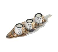 Relaxdays Porte-bougies lot, 3 bougeoirs rond pour bougies chauffe-plat, plateau forme feuille, pierres, marron-blanc