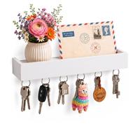 Relaxdays porte-clés mural, 6 crochets, avec tablette, blanc | effet flottant, H x L x P : 5 x 26 x 7 cm, bambou
