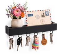 Relaxdays porte-clés mural, 6 crochets, avec tablette, design moderne, noir | H x L x P : 5 x 26 x 7 cm, bambou