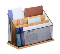 Relaxdays Porte-documents, 3 compartiments, métal & bambou, rangement pour lettres, HxLxP: 20x29x14 cm, nature - noir