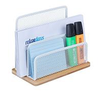 Relaxdays Porte-Lettres métal et Bambou, 3 rangements, HxLxP: 15x18,5x10cm, pour Bureau, Range-Documents, Blanc - Nature